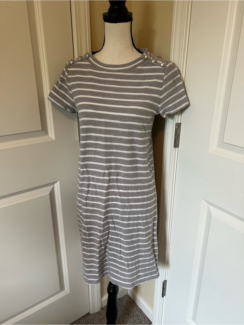 LOFT Gray and White Striped Short-Sleeve Midi Dress with Shoulder Buttons